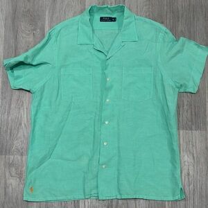 Polo Ralph Lauren Linen & Silk Camp Button Short Sleeve Shirt Mint Green Size XL